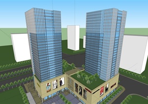 现代风格双塔楼商业办公大厦设计SU(草图大师)模型
