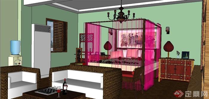 中式及现代风格卧室室内设计su模型(1)