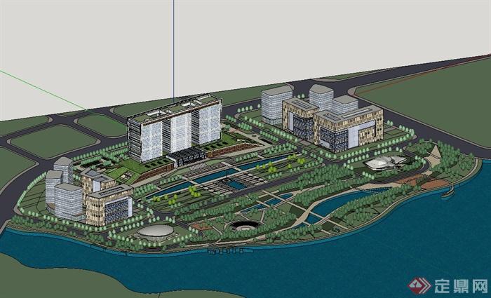 某现代风格滨水政府办公楼建筑及景观设计su模型(1)