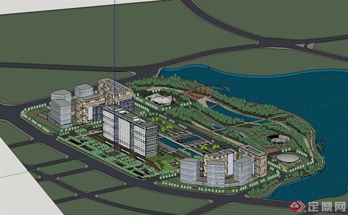 某现代风格滨水政府办公楼建筑及景观设计su模型(2)
