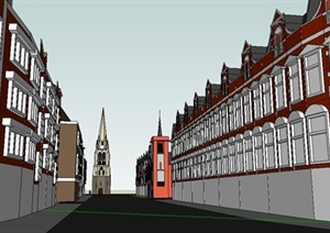 英式风格商业街与塔楼设计SU(草图大师)模型