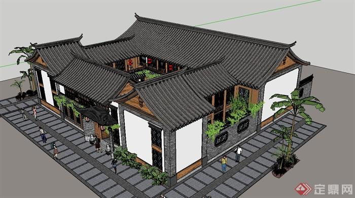 三种古典中式大小院落式住宅建筑楼设计su模型(3)