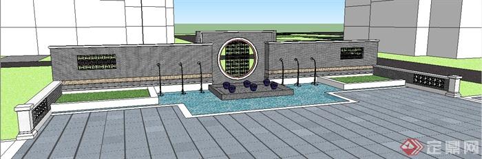 中式风格景观大门及喷泉水池su模型(4)