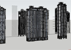 四栋中式风格高层住宅楼建筑设计SU(草图大师)模型