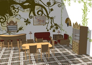 东南亚风格风格室内客餐厅设计SU(草图大师)模型