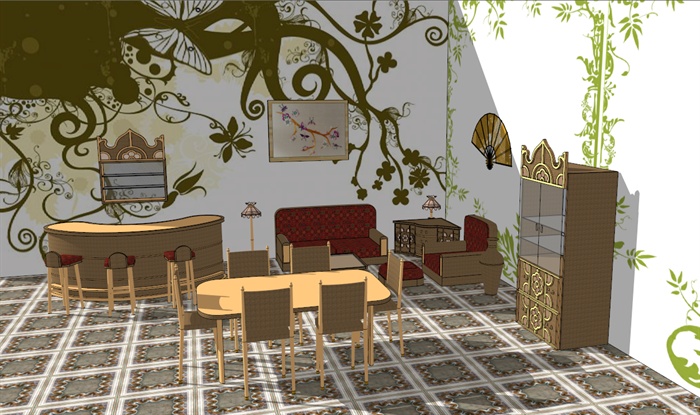 东南亚风格风格室内客餐厅设计su模型