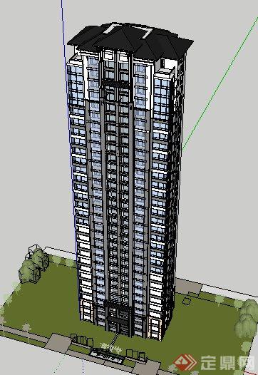 简约中式独栋高层住宅楼建筑设计su模型(3)