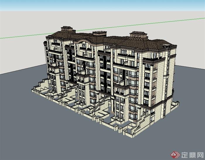 新古典风格小区住宅楼建筑su模型(1)