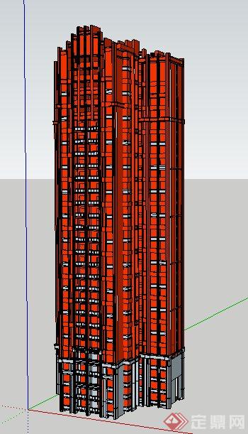简洁红色高层住宅楼建筑设计su模型(1)