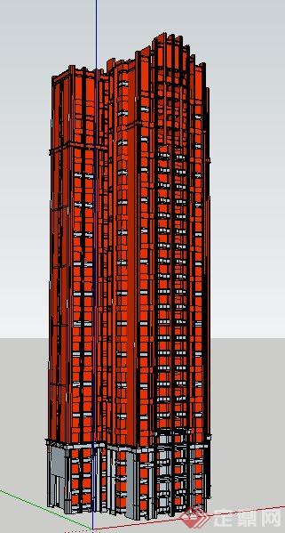 简洁红色高层住宅楼建筑设计su模型(2)
