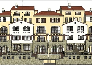 地中海风格多层拼接联排住宅楼建筑设计SU(草图大师)模型