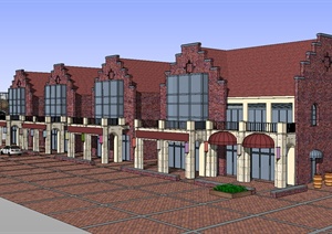 某美式古典商业步行街SU(草图大师)模型建筑设计