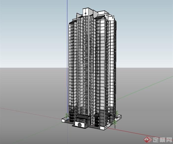 某现代中式风格高层住宅建筑SU模型(1)
