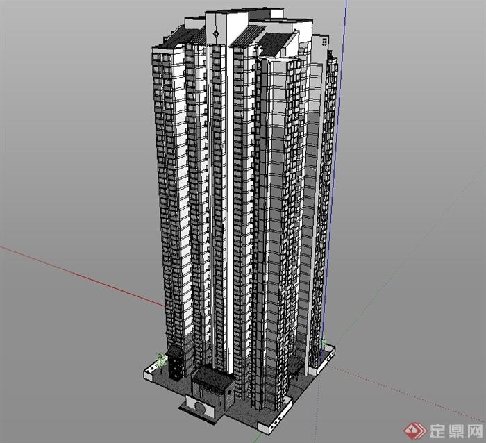 某现代中式风格高层住宅建筑SU模型(3)