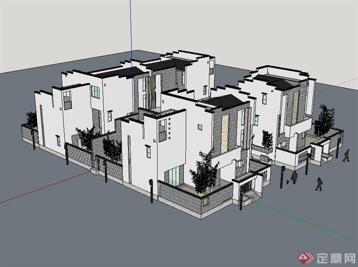 新中式合院别墅建筑设计su模型(3)