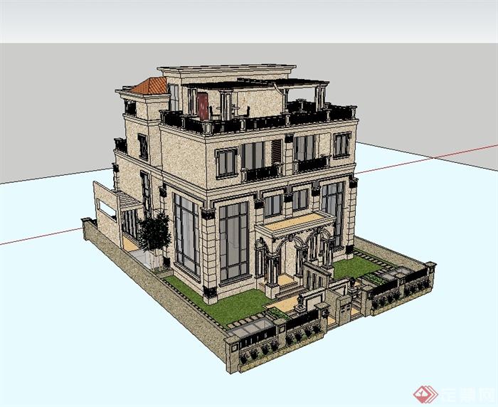 某新古典风格双拼别墅住宅建筑设计su模型(1)