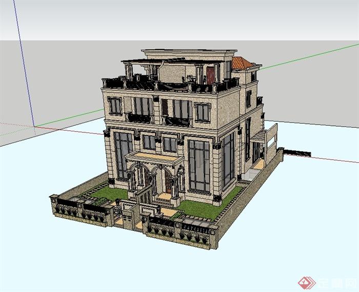 某新古典风格双拼别墅住宅建筑设计su模型(2)