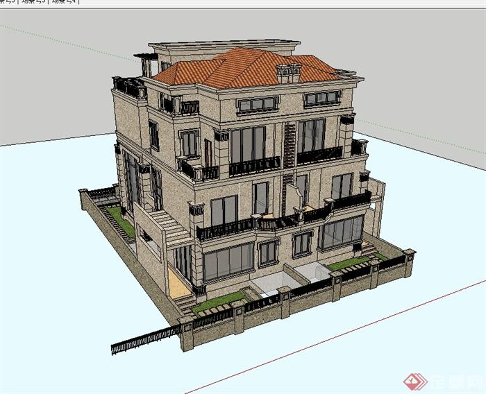 某新古典风格双拼别墅住宅建筑设计su模型(3)