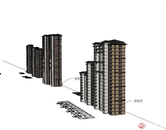 四栋不同的新古典风格高层住宅建筑SU模型(2)