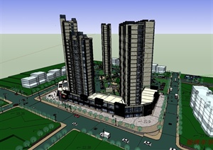 某现代风格商业住宅高层建筑楼及景观设计SU(草图大师)模型