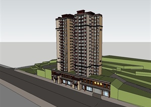 新古典风格山地高层商住楼建筑SU(草图大师)模型