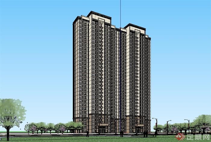 双拼新古典风格高层住宅建筑SU模型(1)