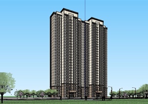 双拼新古典风格高层住宅建筑SU(草图大师)模型