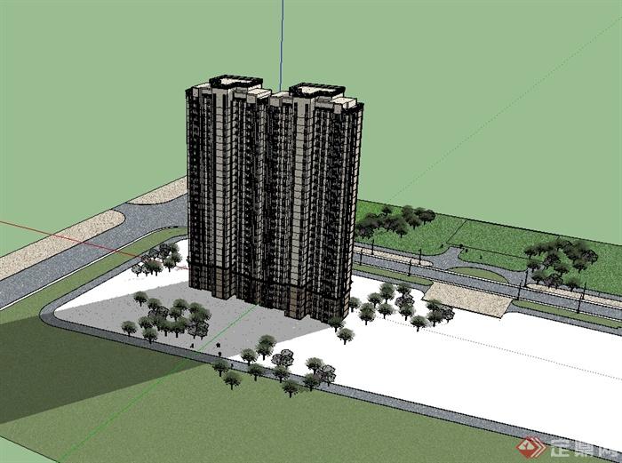 双拼新古典风格高层住宅建筑SU模型(3)