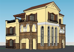 西班牙风格3层别墅住宅建筑SU(草图大师)精品模型