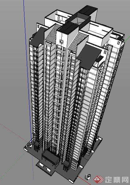 简约中式高层公寓住宅楼建筑su模型(2)