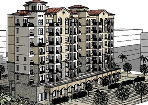 简约西班牙风格小高层住宅楼建筑SU(草图大师)模型