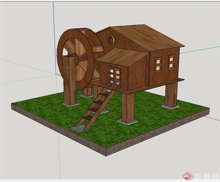 某现代风格详细水车木屋建筑设计su模型(2)