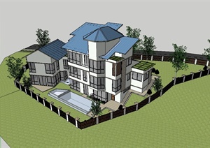 某美式风格独栋别墅楼建筑设计SU(草图大师)模型