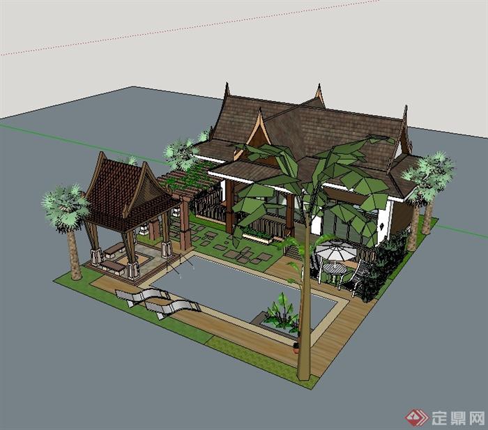东南亚风格精致详细别墅住宅建筑设计su模型(2)