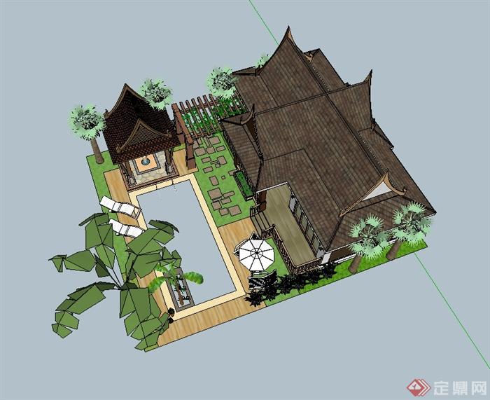 东南亚风格精致详细别墅住宅建筑设计su模型(3)