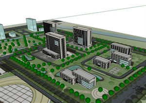 现代风格详细精致完整行政办公区建筑楼设计SU(草图大师)模型