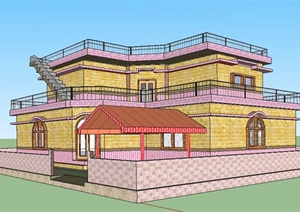 混搭风格二层住宅别墅建筑设计SU(草图大师)模型