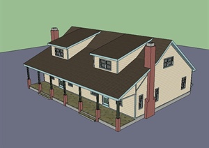 美式两层别墅建筑楼设计SU(草图大师)模型