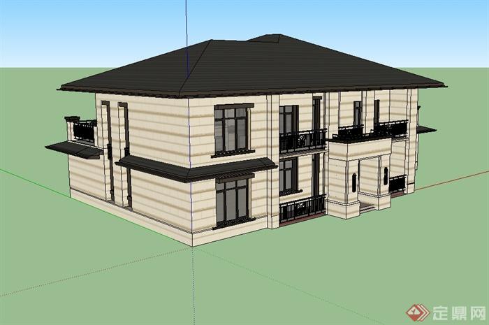 新古典风格独栋详细别墅建筑楼设计su模型(2)