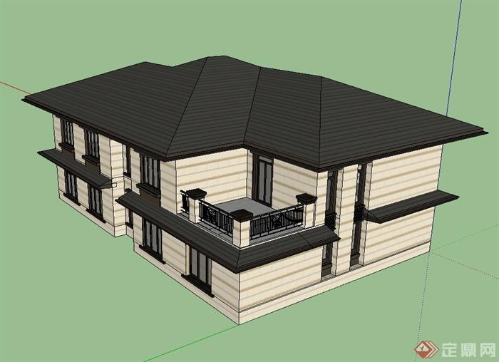 新古典风格独栋详细别墅建筑楼设计su模型(3)