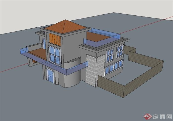 现代独栋别墅详细楼建筑设计su模型(1)
