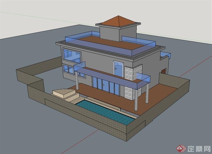 现代独栋别墅详细楼建筑设计su模型(3)