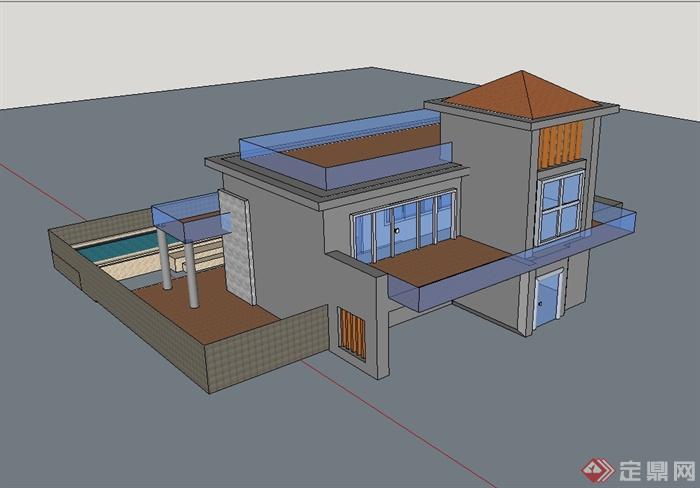 现代独栋别墅详细楼建筑设计su模型(2)