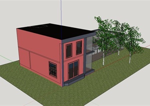 现代两层简单的独栋别墅建筑设计SU(草图大师)模型