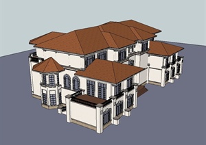 某西班牙风格双拼别墅建筑楼设计SU(草图大师)模型