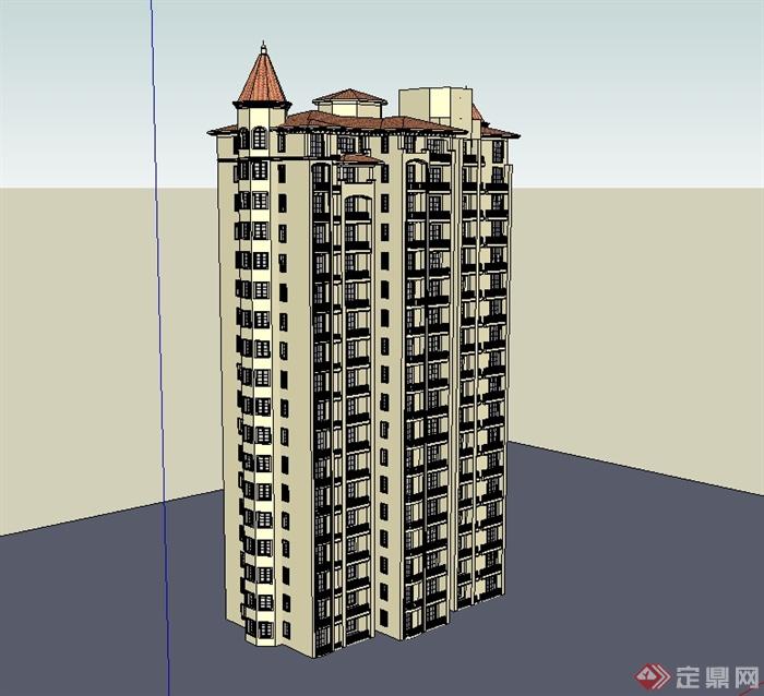 西班牙风格详细高层住宅楼设计su模型(2)