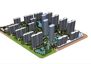 某现代风格住宅小区高层住宅楼建筑及景观SU(草图大师)模型