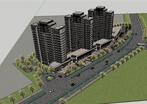 现代高层住宅和沿街商业楼综合建筑设计SU(草图大师)模型
