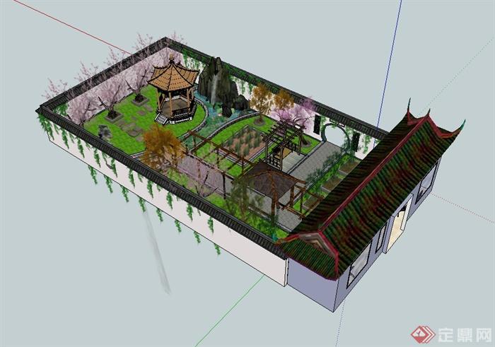 古典中式風格詳細庭院景觀設計su模型原創