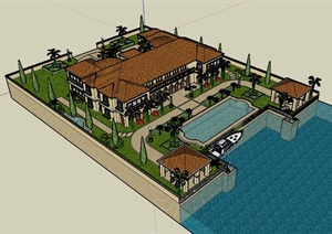 欧式风格别墅建筑及庭院景观设计SU(草图大师)模型